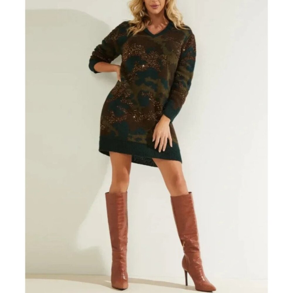 GUESS Deana Alpaca Blend Sweater Dress Size XS Camo Glitter Made in Italy